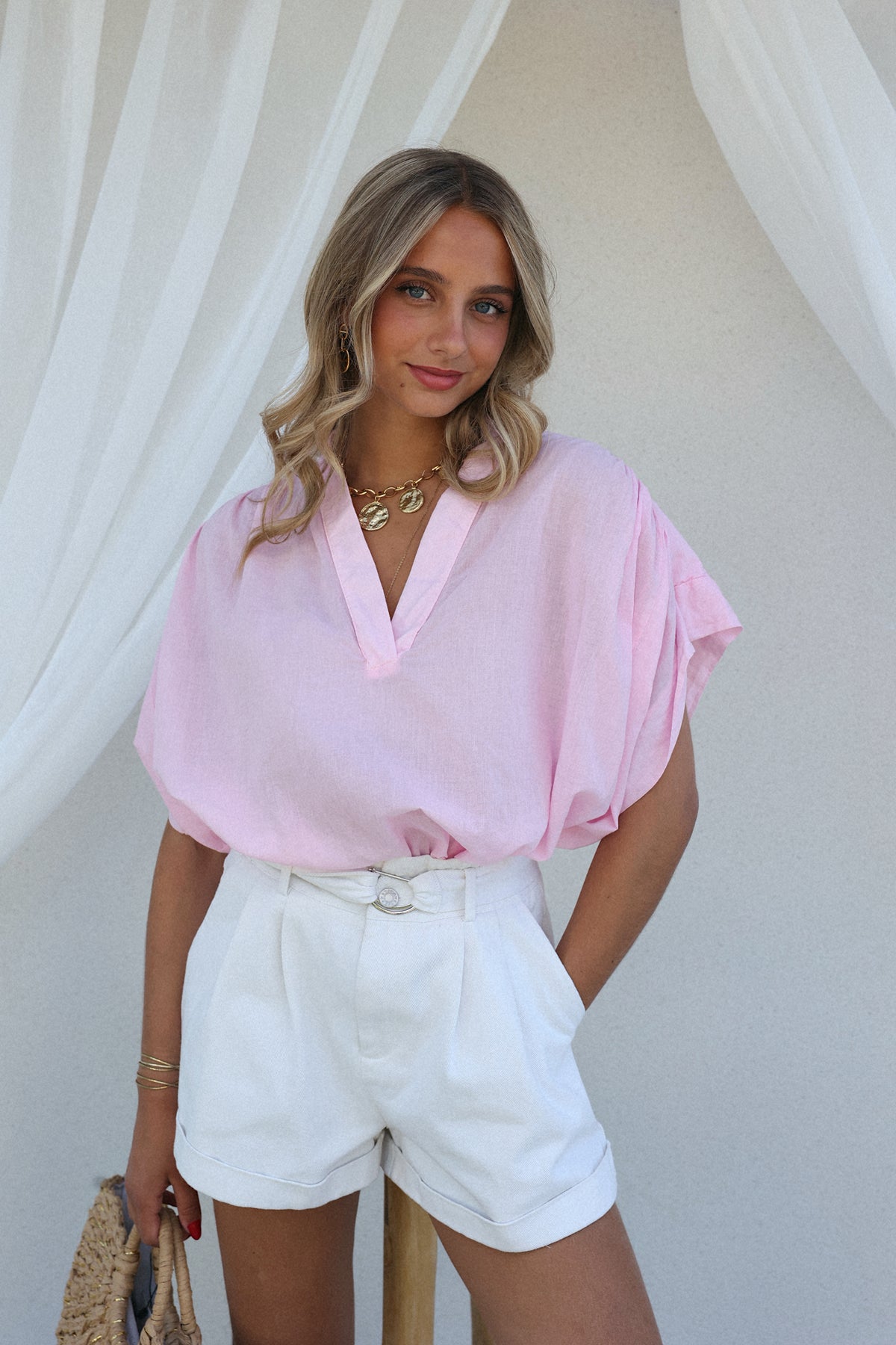 CLÉA SHORT-SLEEVED BLOUSE - PALE PINK